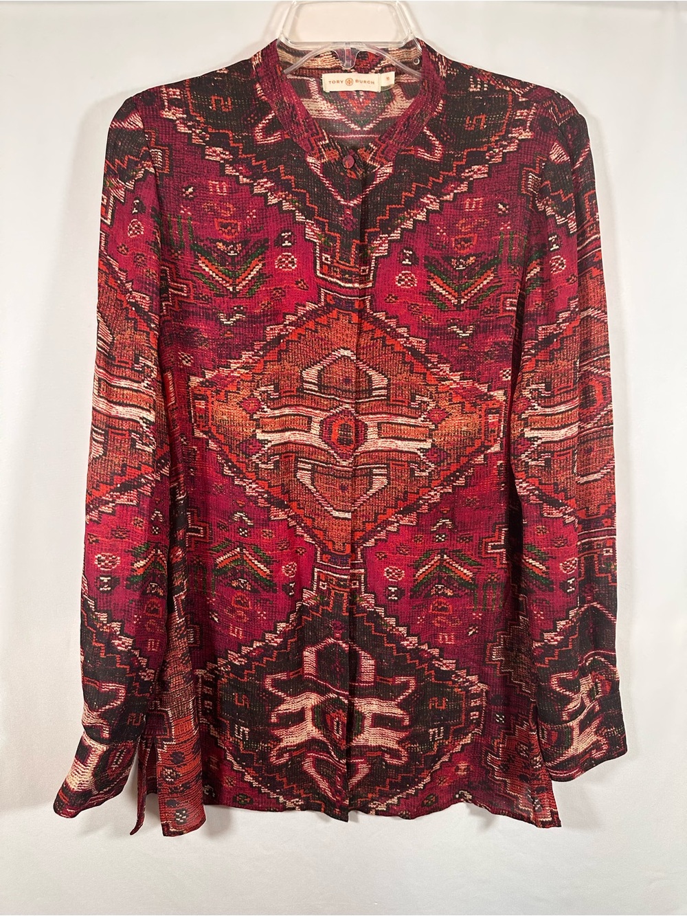 Tory Burch Geometric Medallion Print Silk Tunic Blouse Red Burgundy Boho Size 10